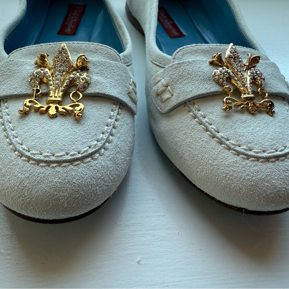 New Paula Quadretti White Suede Loafers with Gold Rhinestone Fleur-de-Lis accent